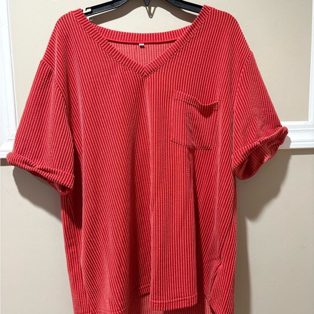 Red Ribbed V-Neck Top - Picture 1 of 3
